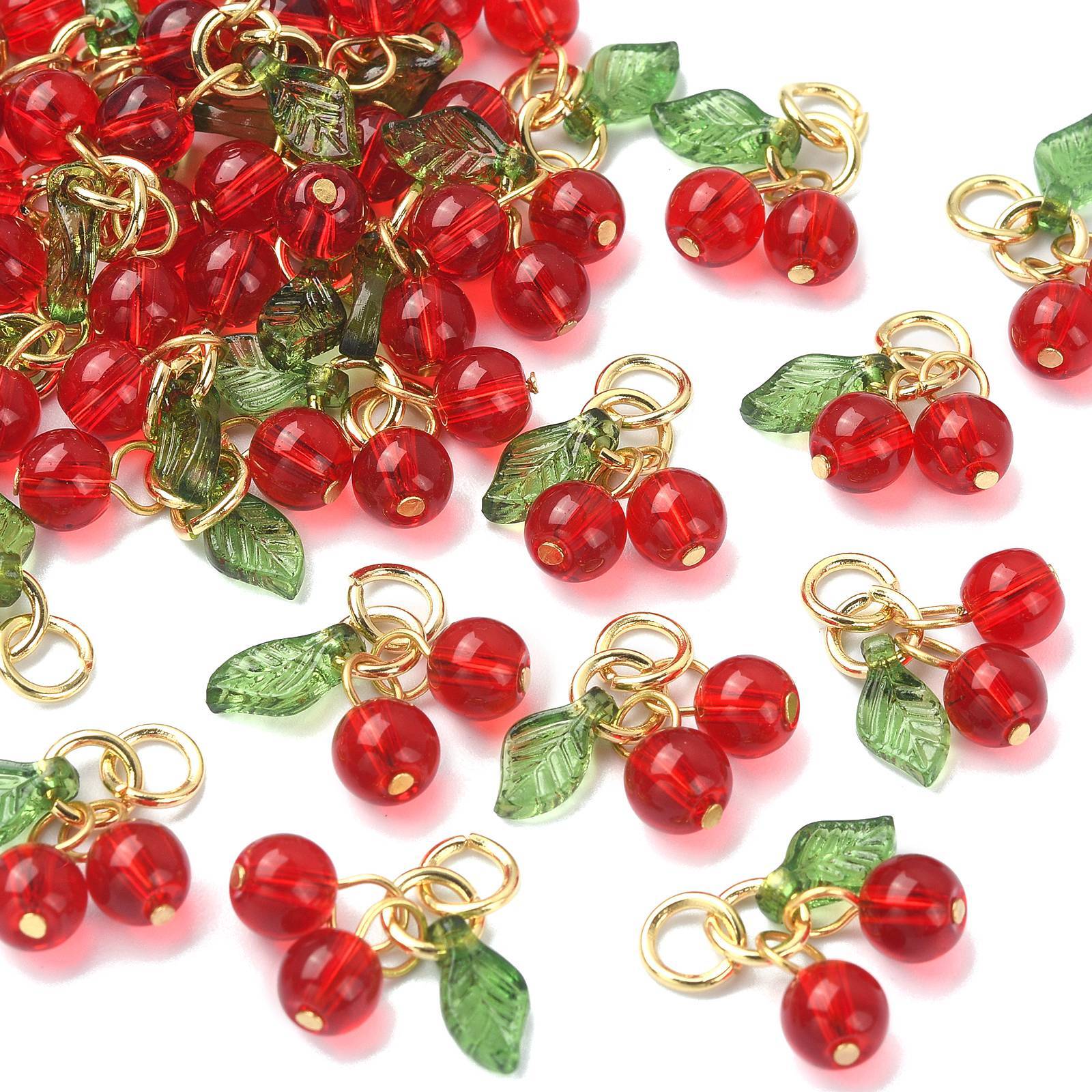 1 Box 30 Pcs Red Glass Cherry Beaded Charms w/Jump Rings for DIY Jewelry Making