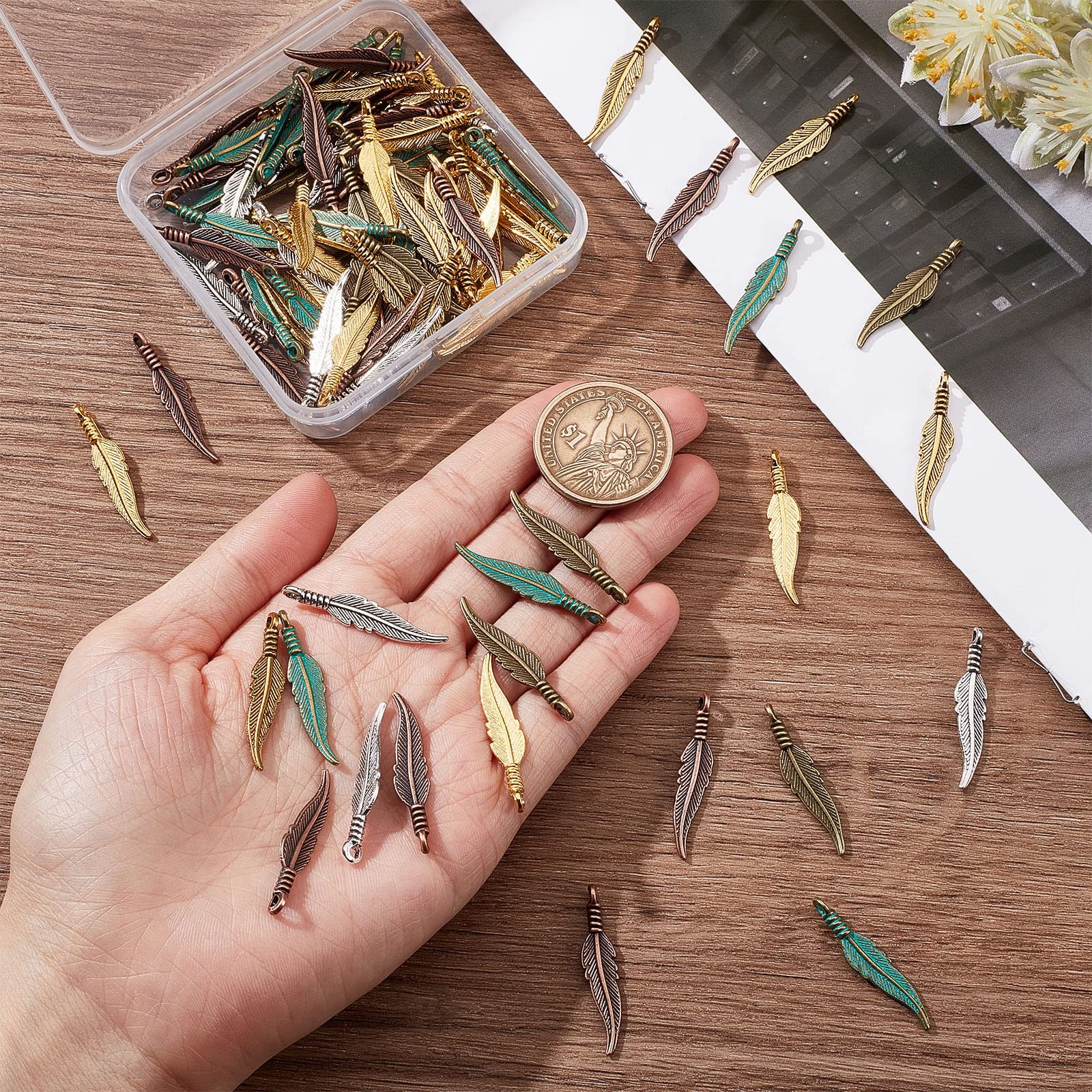 SUNNYCLUE 1 Box 120Pcs Feather Charms Bulk Bohemian Style Small Multicolor