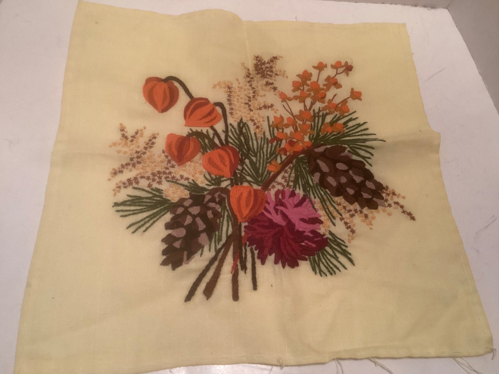Vintage ’70’s Finished Crewel Embroidery Autumn Floral Pinecones Boho 14”x 14″