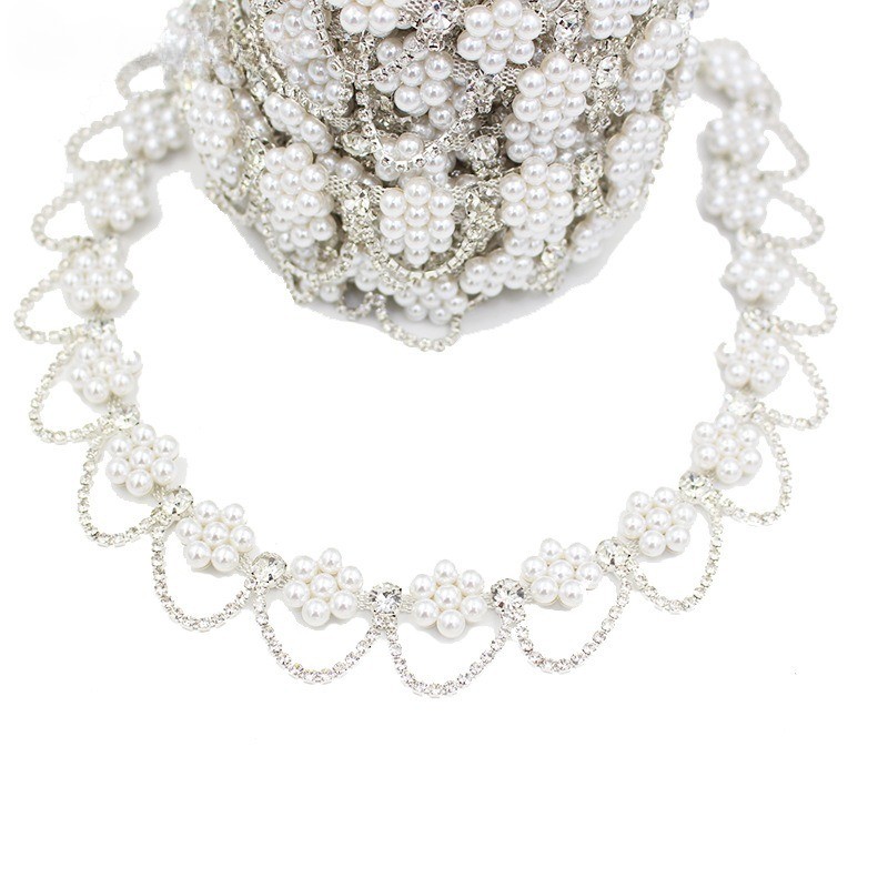 1Yard Faux Pearl Flower Ribbon Rhinestone Tassel Trim Crystal Edging Wedding