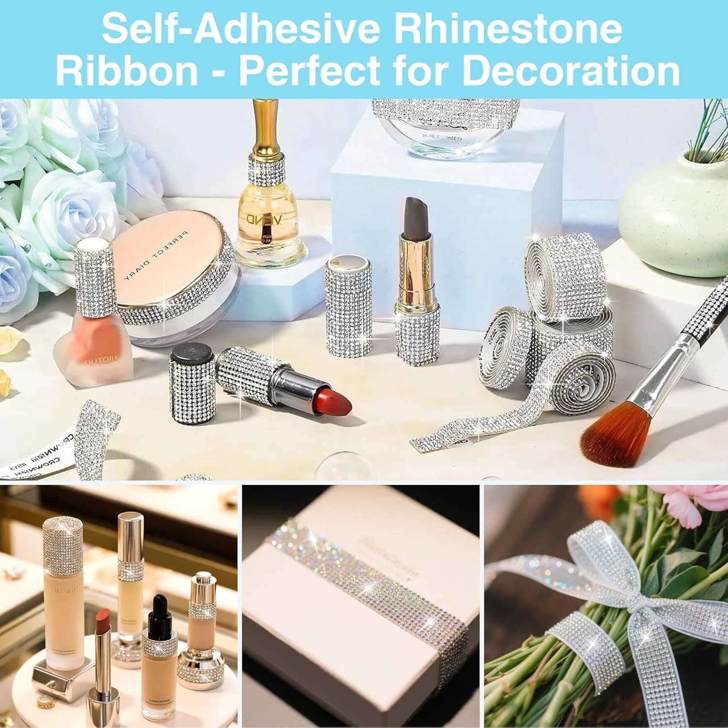 6 Self-Adhesive Rhinestone Ribbon Rolls, Silver Resin Diamond Strips for Crafts