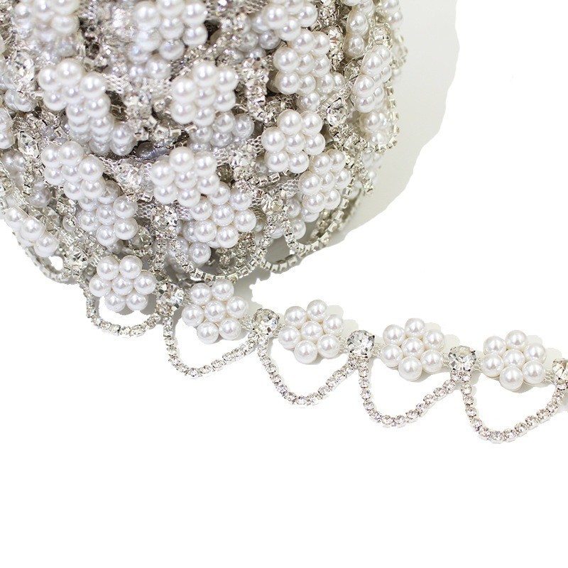 1Yard Faux Pearl Flower Ribbon Rhinestone Tassel Trim Crystal Edging Wedding