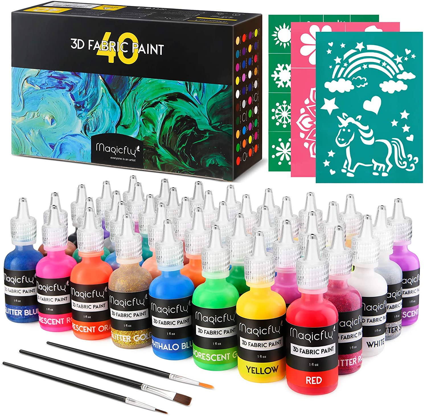 3D Fabric Permanent Paint 40 Color Puffy Paint with Vibrant Colors 3 Bonus Br…