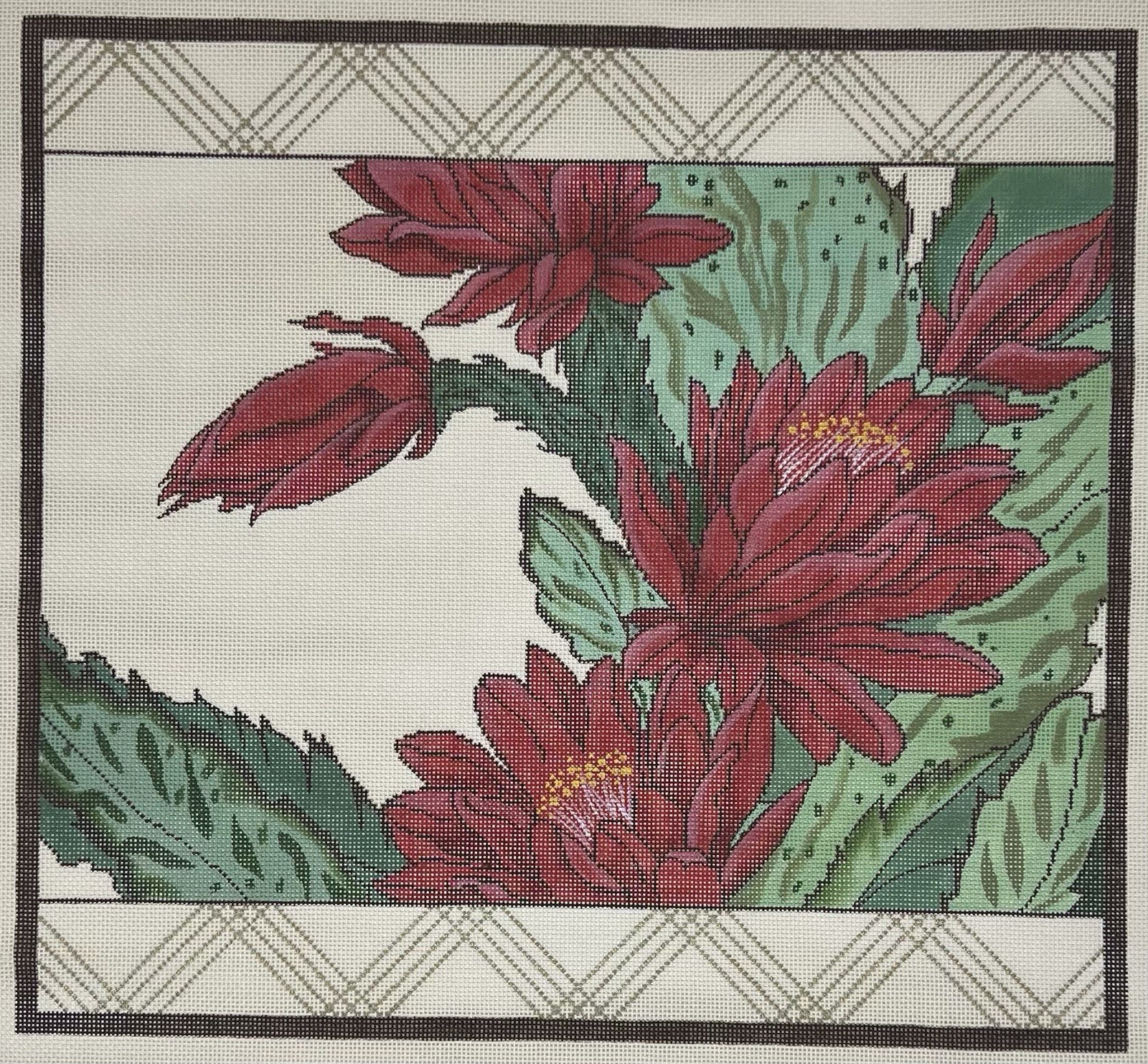 Pretty Red Flowers Cactus? by Juell Designs Hand Painted Needlepoint Canvas
