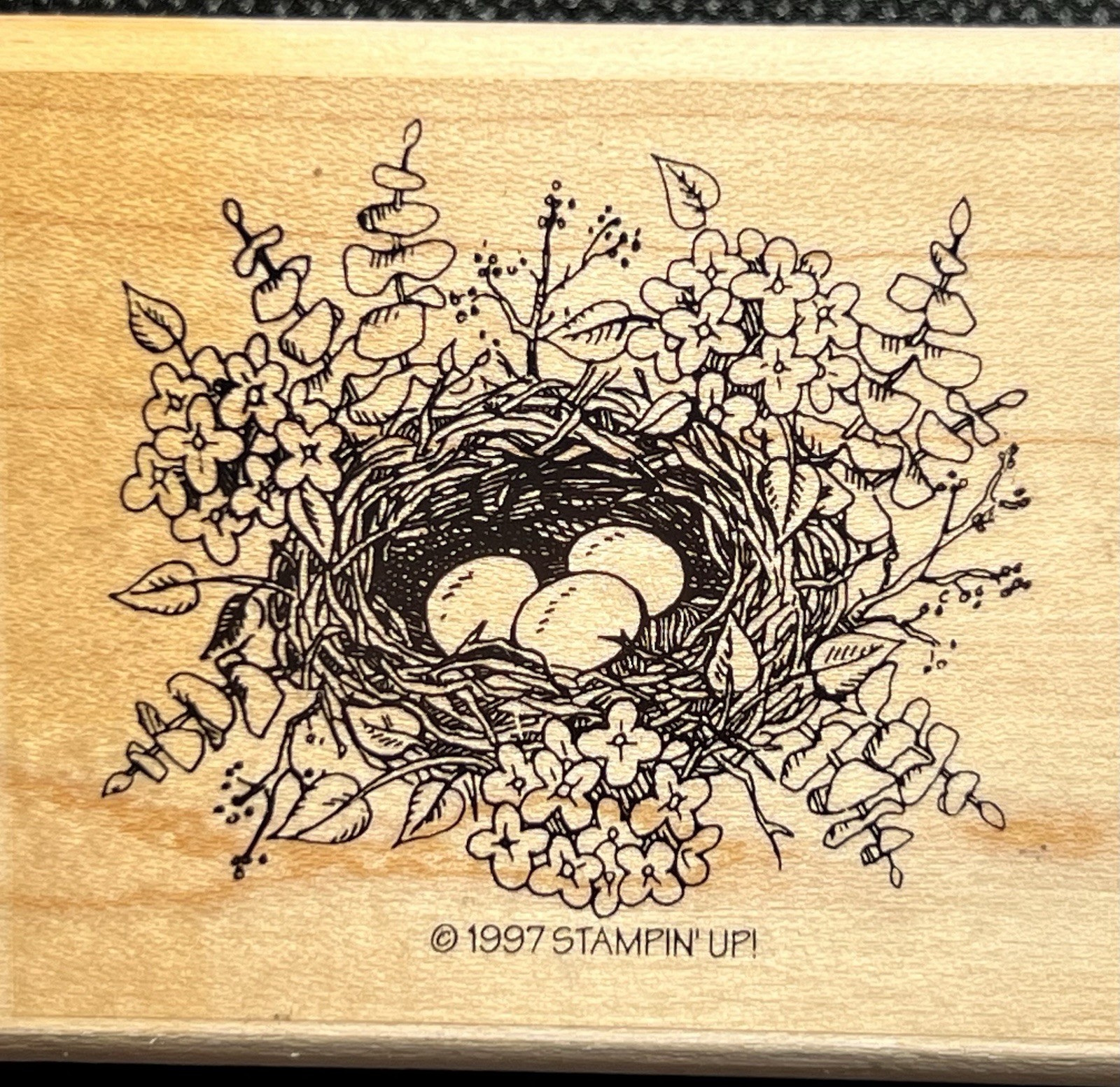 Vintage 1997 Stampin Up Bird Nest with Eggs flowers Wood spring Rubber Stamp