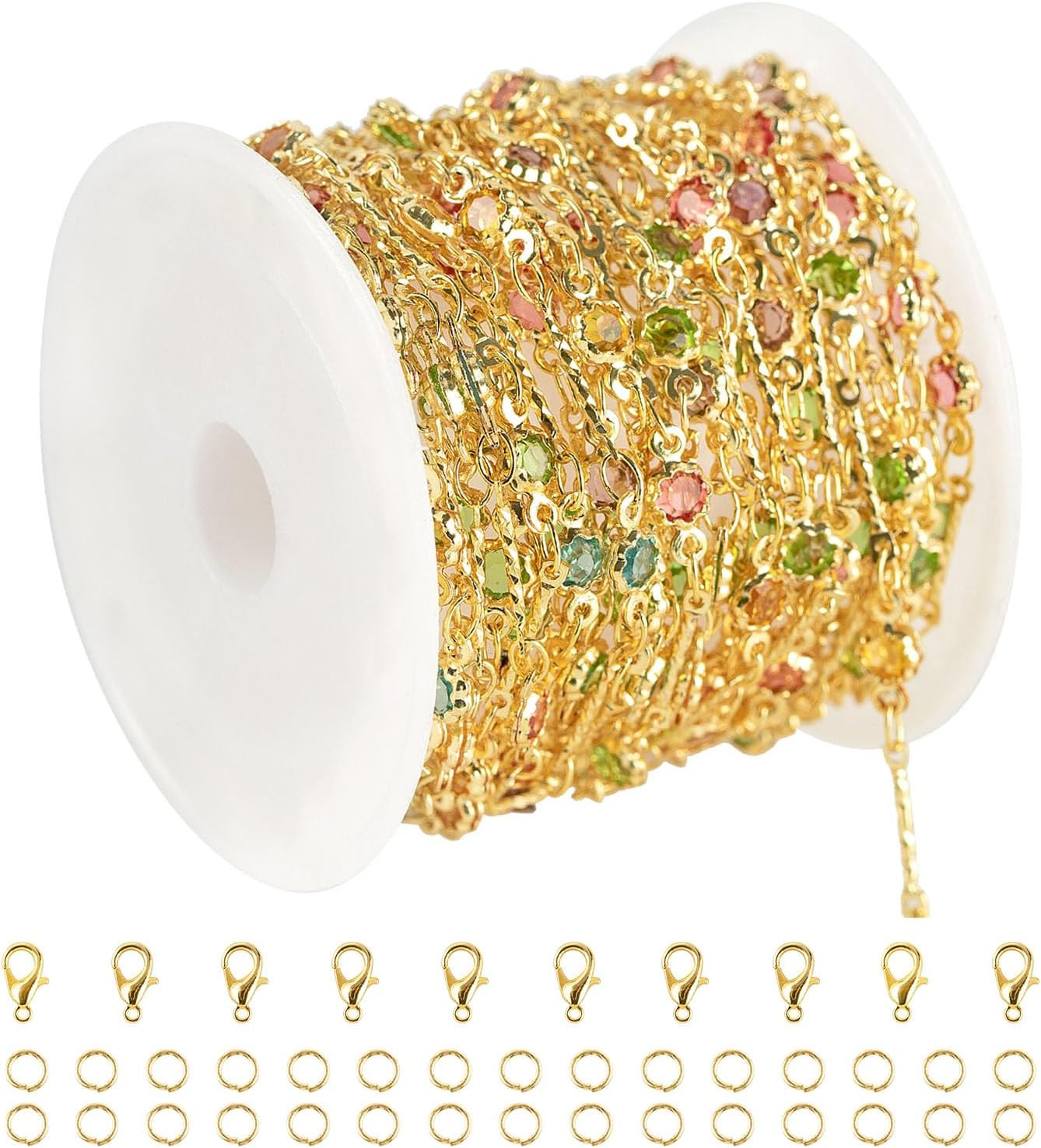 16.4 Feet Colorful Crystal Chain for Jewelry Making 18K Gold Plated Brass Jewelr
