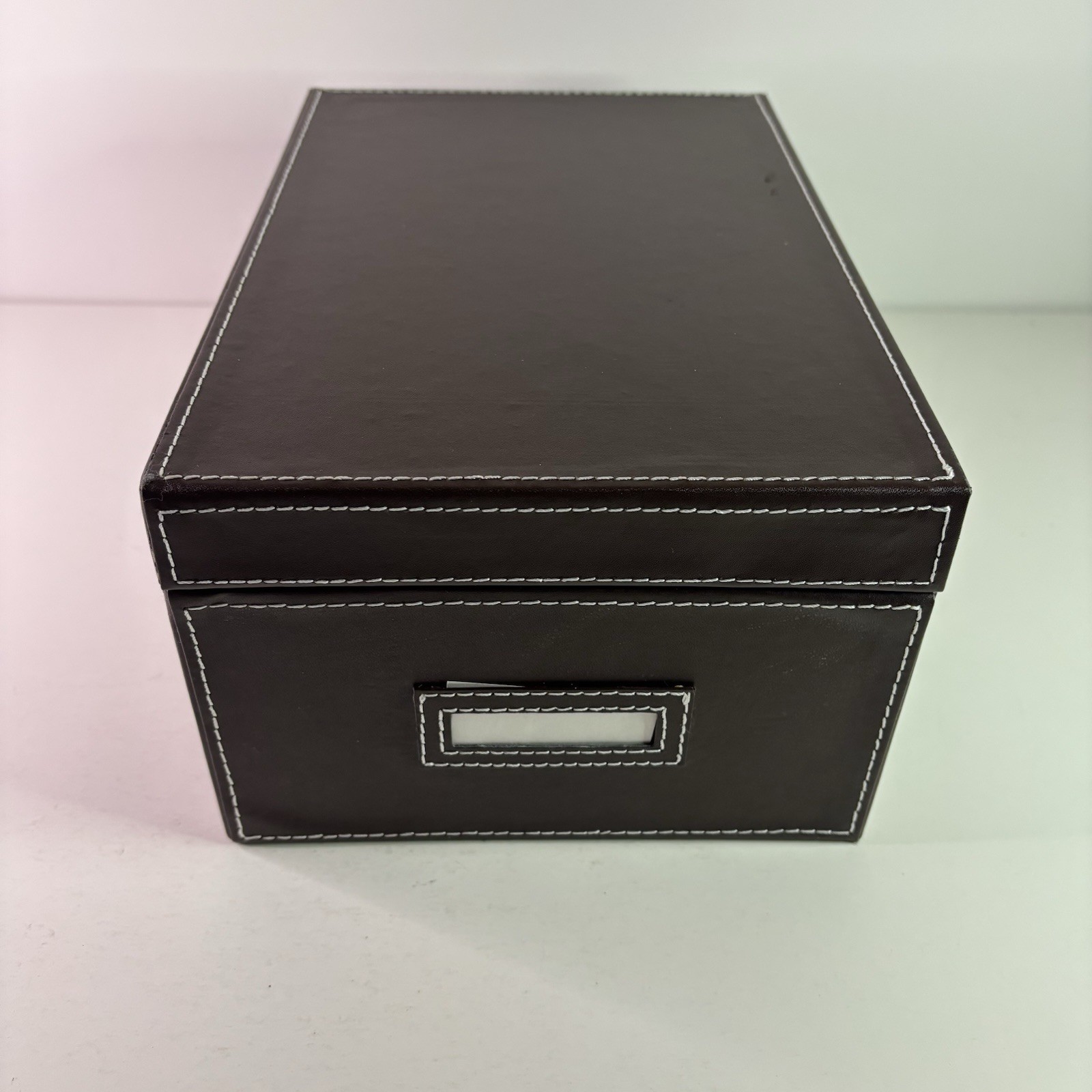 Photo Storage Organizer Box w/ Cases. Faux Brown Leather, Clear Cases with label