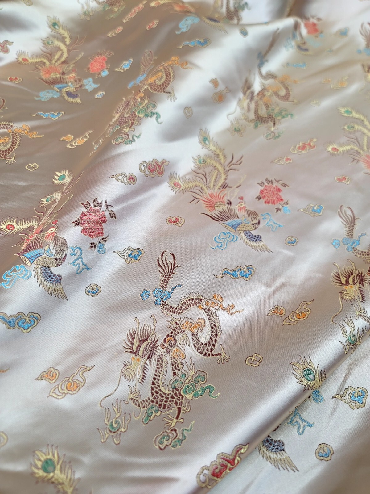 Beige Chinese Dragon Brocade Jacquard Fabric 60″ Wide BTY Multicolor