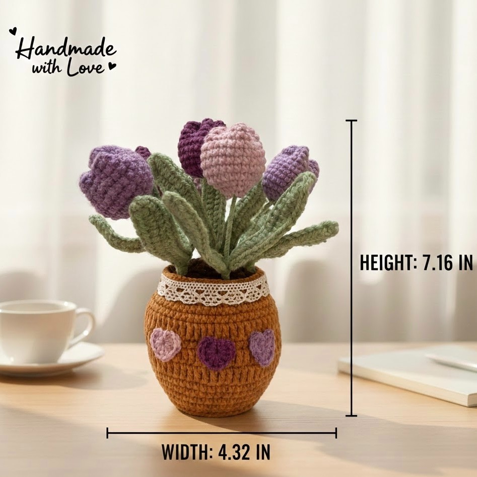 Handmade Crochet Tulip Pot Valentine’s Day Gift for Girlfriend,Friends, Teacher
