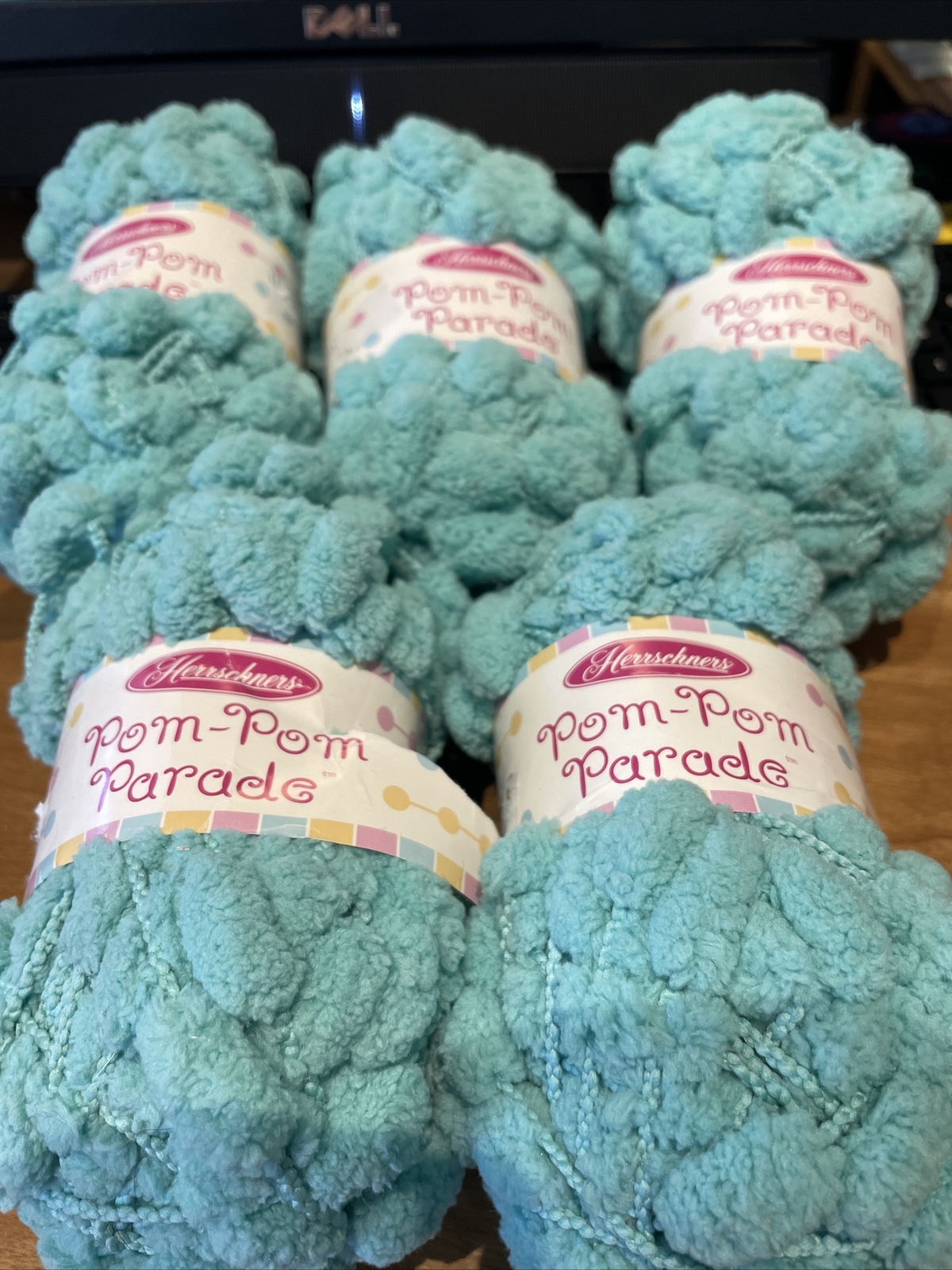 New 5 Skeins Herrschners Pom-Pom Parade Yarn, Each-1.75 oz, 27 yds, Aqua Blue