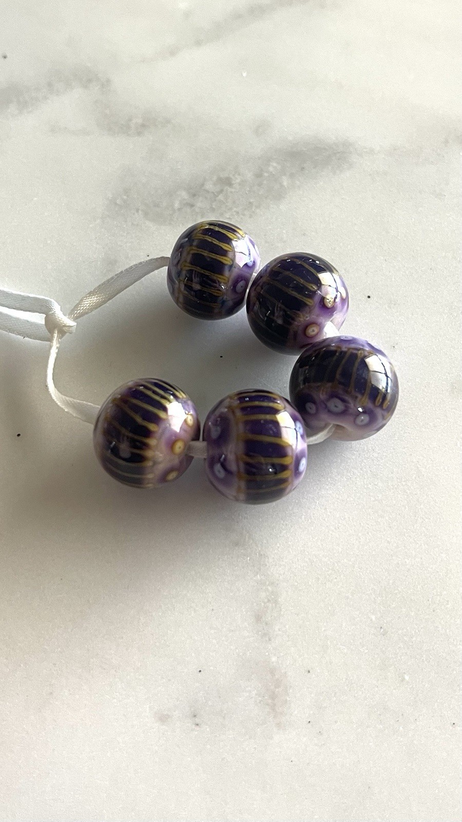 5 Handmade Artisan Lampwork Glass Beads Purple Gold Striped Round Large Hole
