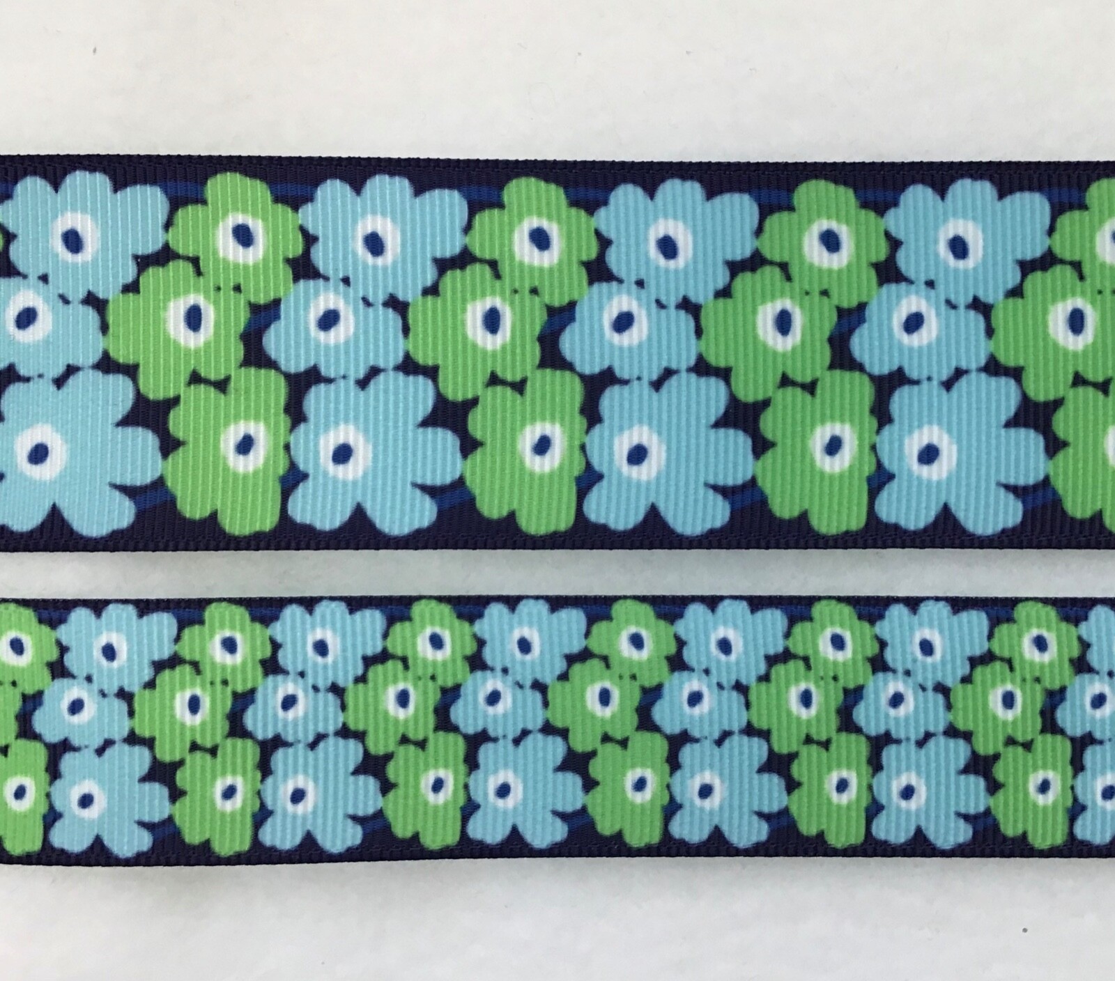 Grosgrain ribbon 1” 1.5″ MOD style flowers navy blue green floral BTY