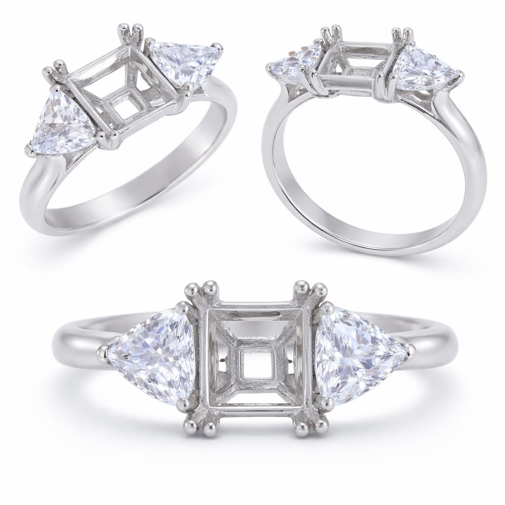 925 Sterling Silver Semi Mount Ring Square 10mm Trillion White Topaz