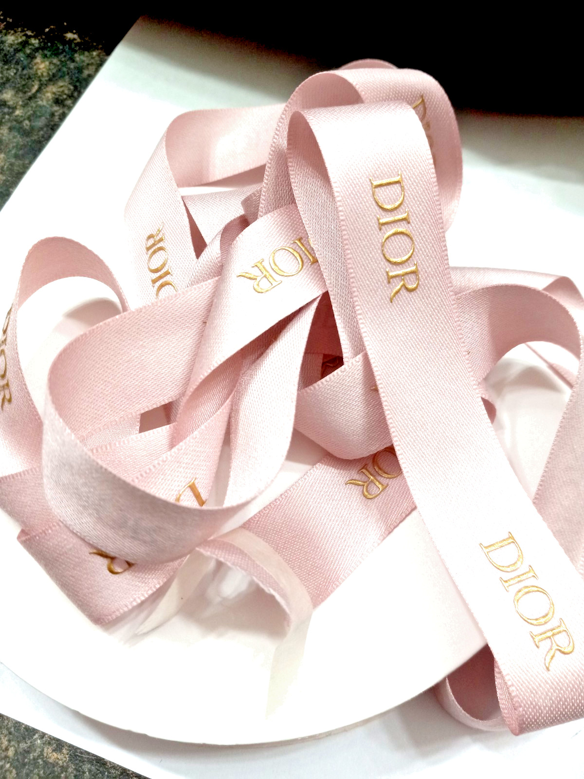 Dior delicate pale pink ribbon, gold logo, 1″ wide, sell by the yard