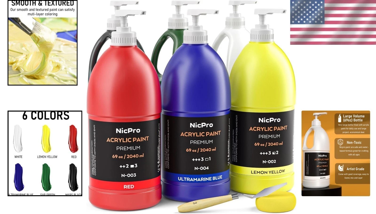 Huge 69oz Bulk Acrylic Paint – 6 Basic Colors, Fade Resistant, Kid & Adult Safe