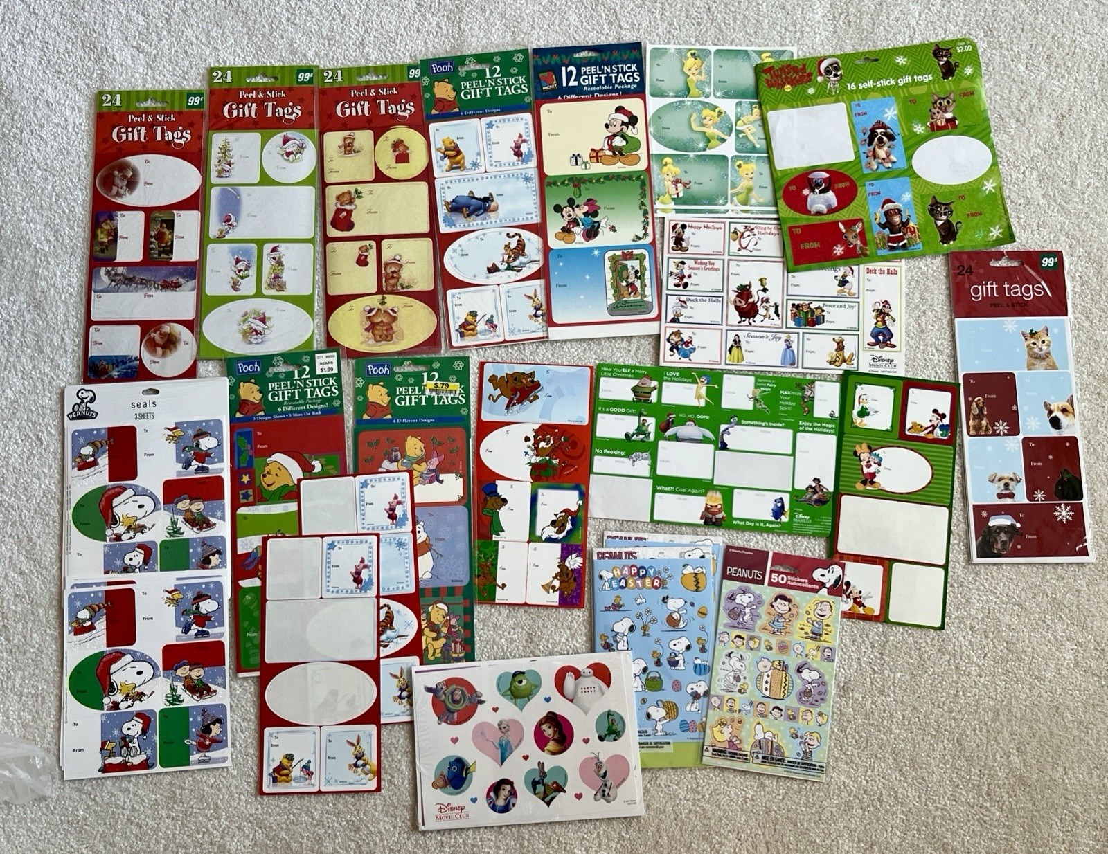 Mix Lot Of Gift Tags Mostly Christmas , Few Easter Stickers , 1 Valentine