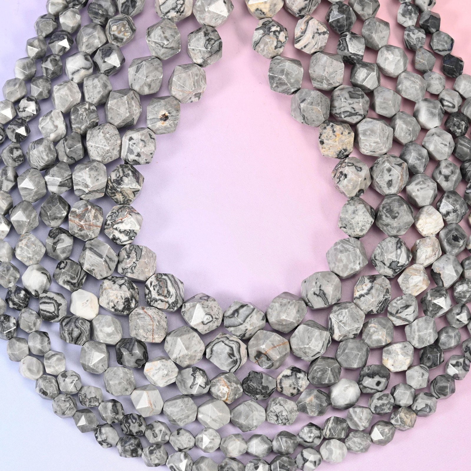 Map Jasper Beads: Faceted Diamond Star Cut, 6-10mm, 15.5 inch Strand