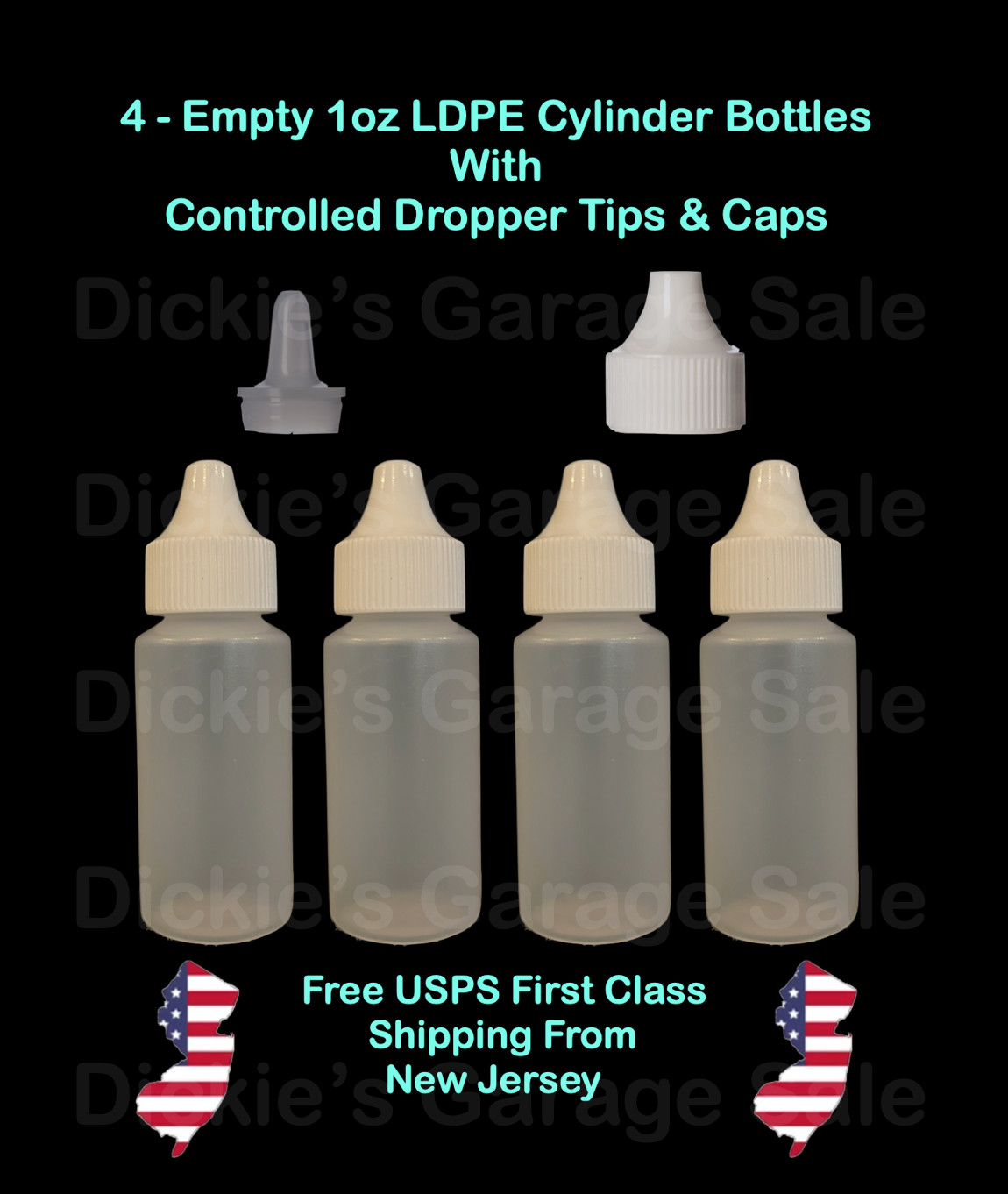 4 EMPTY 1oz LDPE LIQUID DISPENSING BOTTLES, DROPPER TIP, TWIST TOP, SILVER CAP