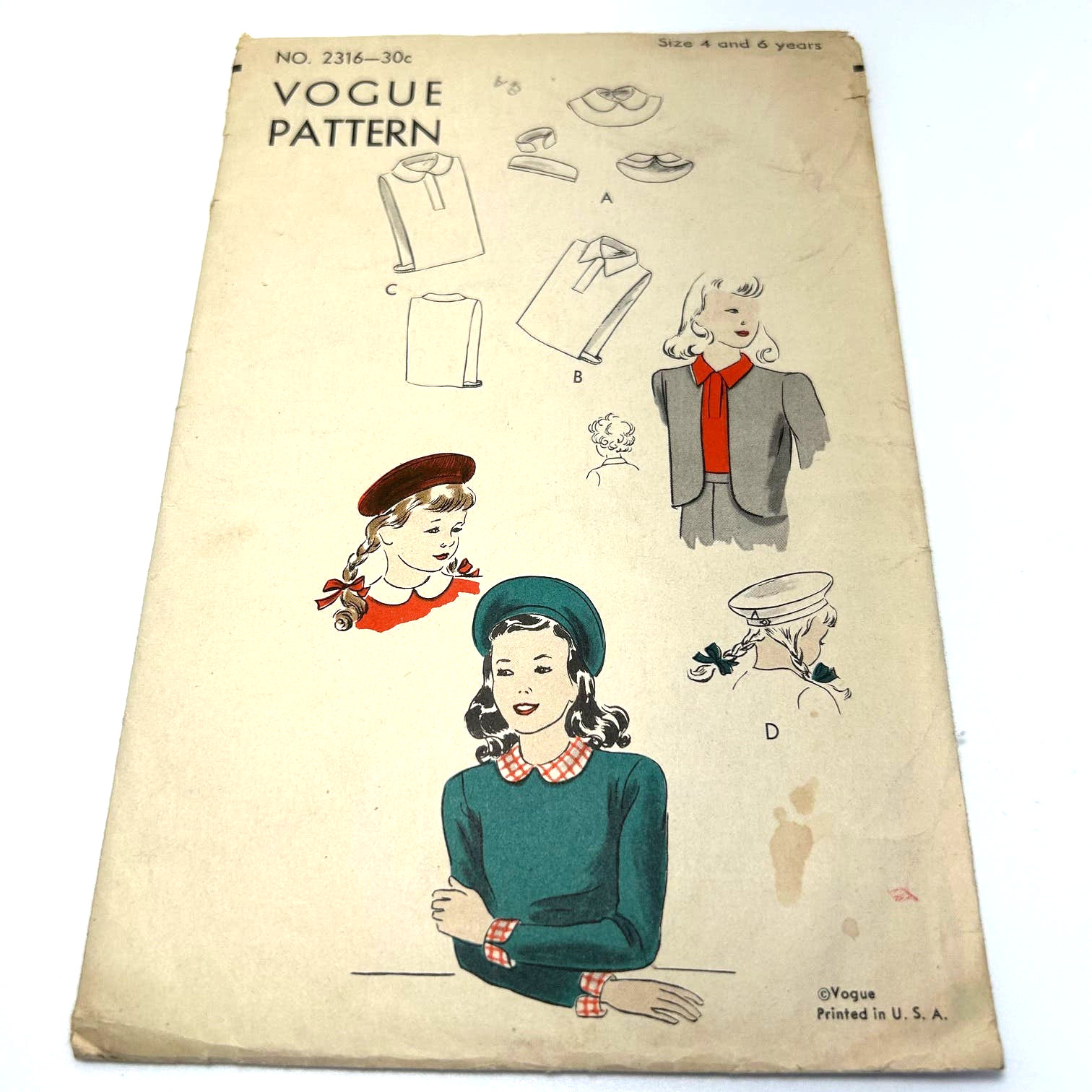Vogue Vintage 1940’s Pattern #2316 Childs Beret Size 4 & 6 Years HTF RARE