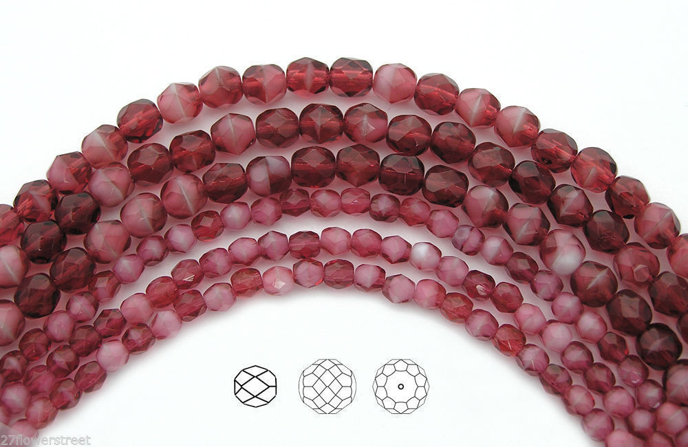Czech Fire Polished Round Faceted Glass Beads in Pink White Givre 2-tone 7in