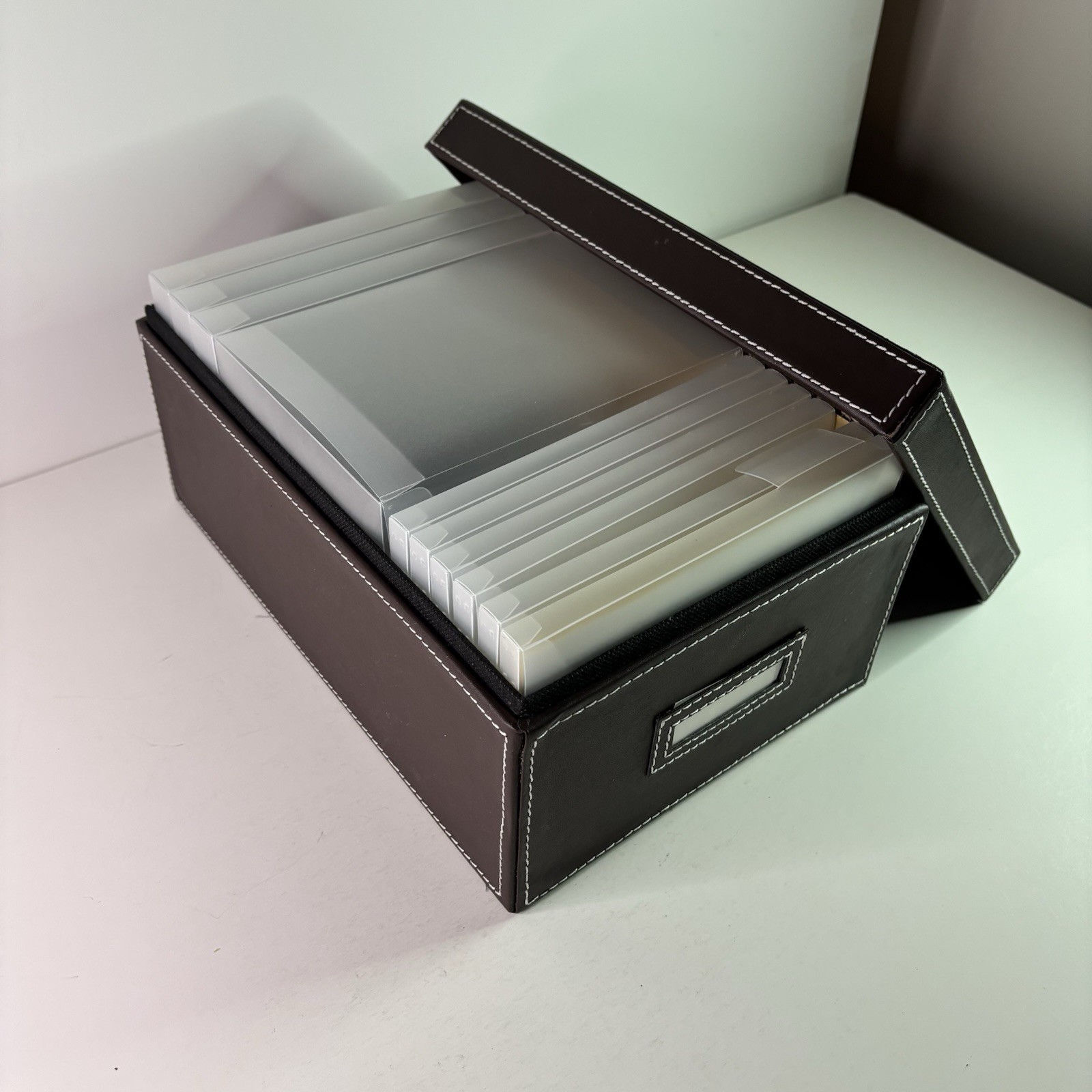 Photo Storage Organizer Box w/ Cases. Faux Brown Leather, Clear Cases with label