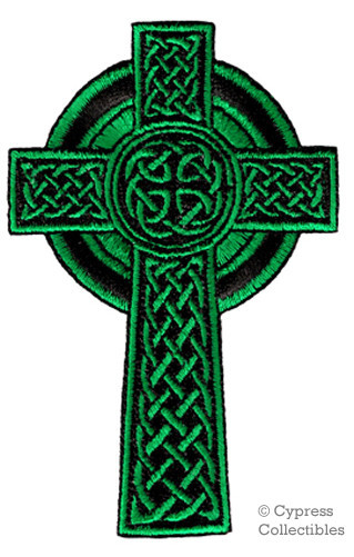 CELTIC CROSS PATCH – GREEN embroidered iron-on IRISH CHRISTIAN RELIGIOUS EMBLEM