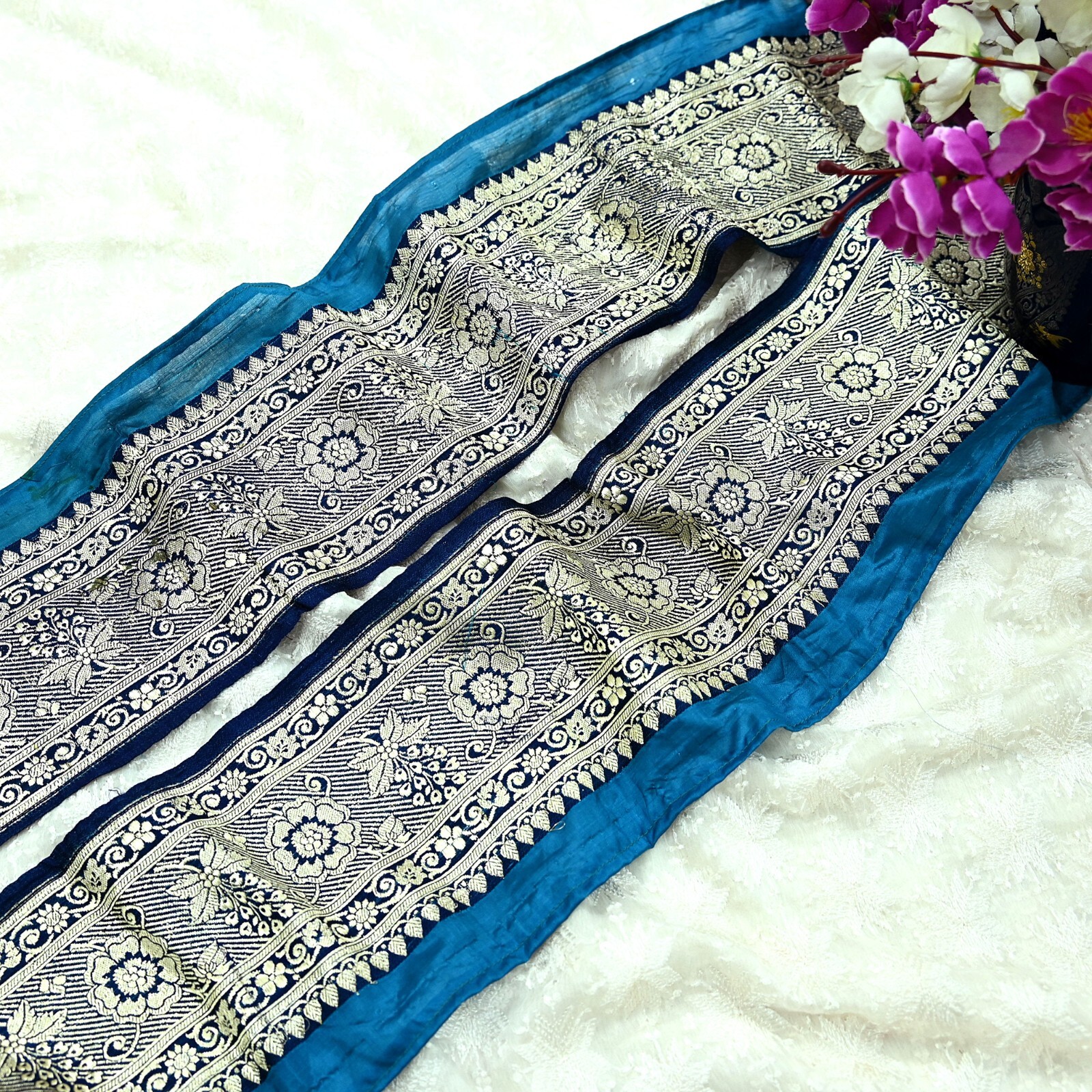 Indian Vintage Blue Sari Border Woven Banarasi 1yd Trim Craft Sewing Recycled