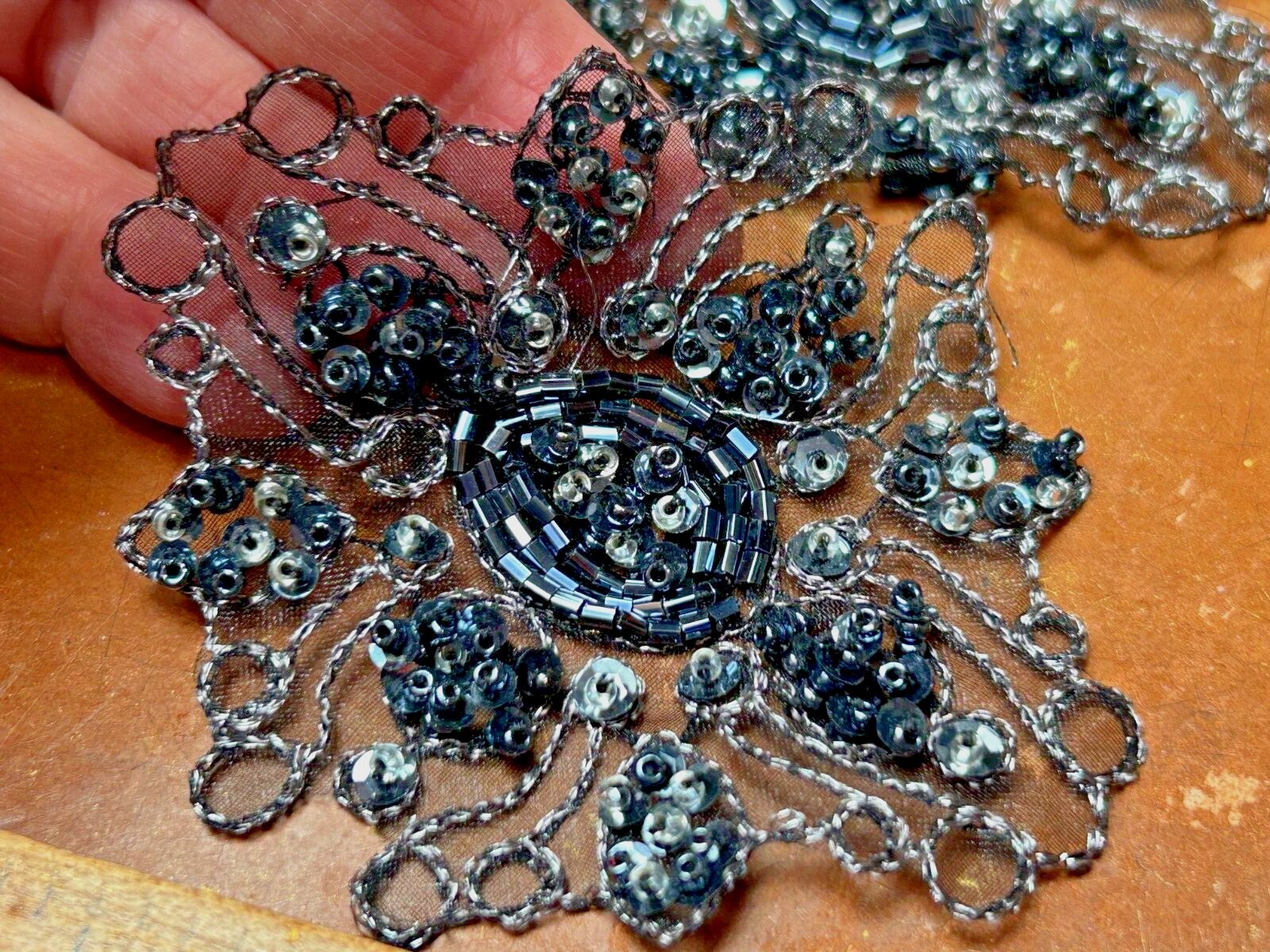 applique embroidered glass beads sequins 2.5×3″ hand sewn 1pc silver gunmetal