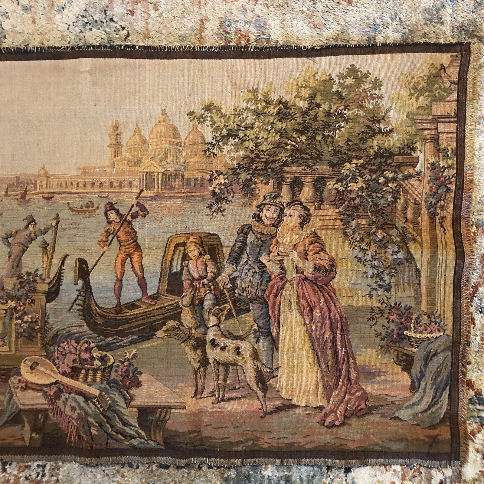 Vintage Tapestry Runner Old World Courting & Boating Scene 19″x 56″ Long