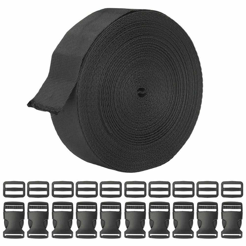1Inch Black Nylon Webbing Strap Kit With 10PC Plastic Buckle + 10PC Side Release