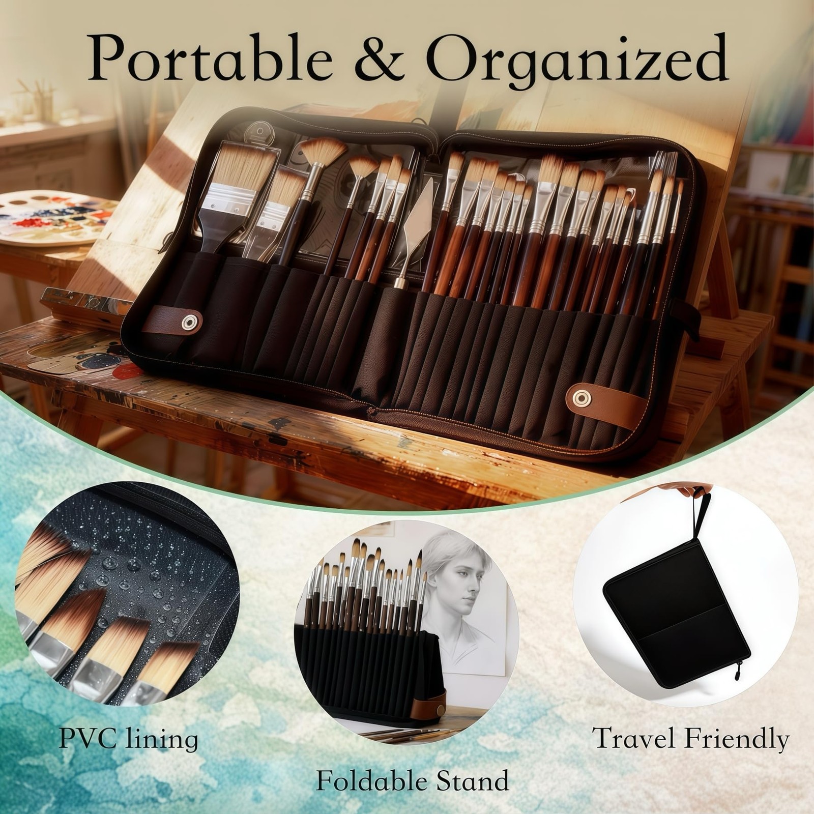 26Pcs Paint Brush Set with Stand-Up Brush Case, Travel Watercolor Acrylic Pai…