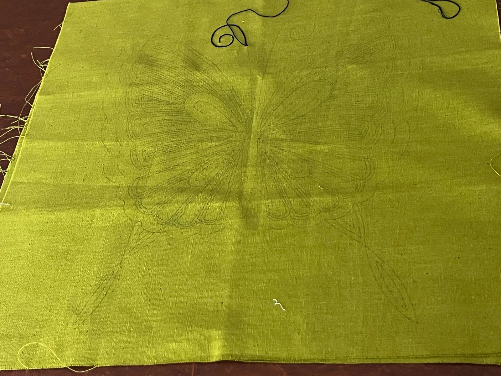 Vtg Green Linen Butterfly Pillow Cover Stamped for Embroidery Crewel Needlepoint