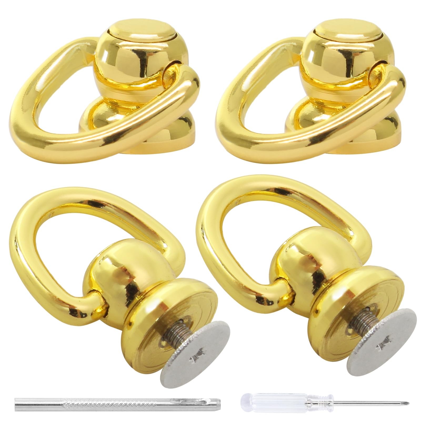4 Pack Brass Ball Studs Rivets D Rings, Rotatable Purse Handbag Hardware for