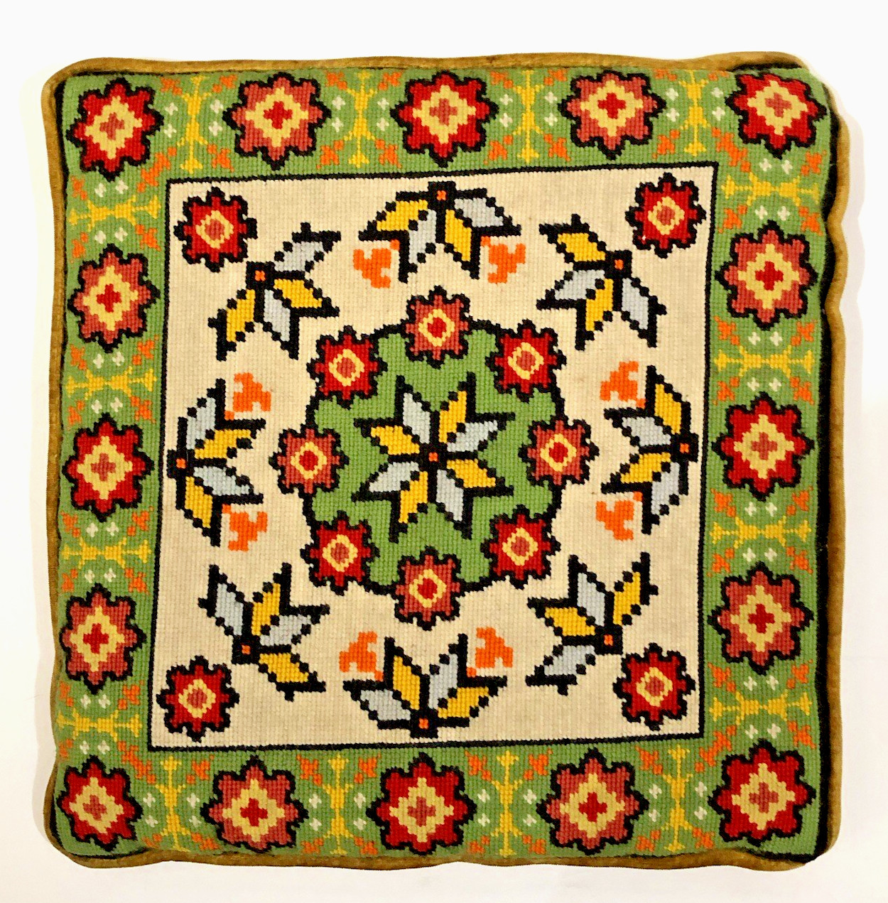 Vintage Needlepoint Chair Seat Cushion Multi Color Velvet Back