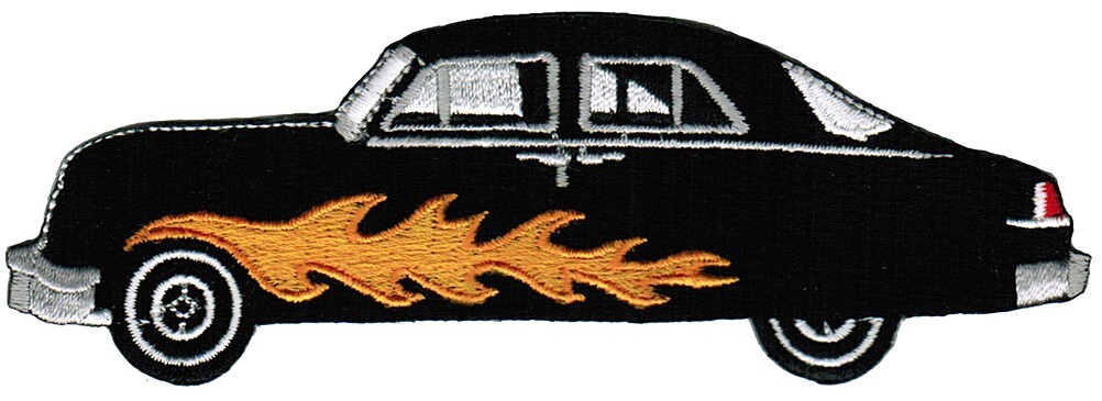 HOT ROD CAR PATCH iron-on embroidered AUTOMOBILE FLAMES FLAMING RACECAR BLACK