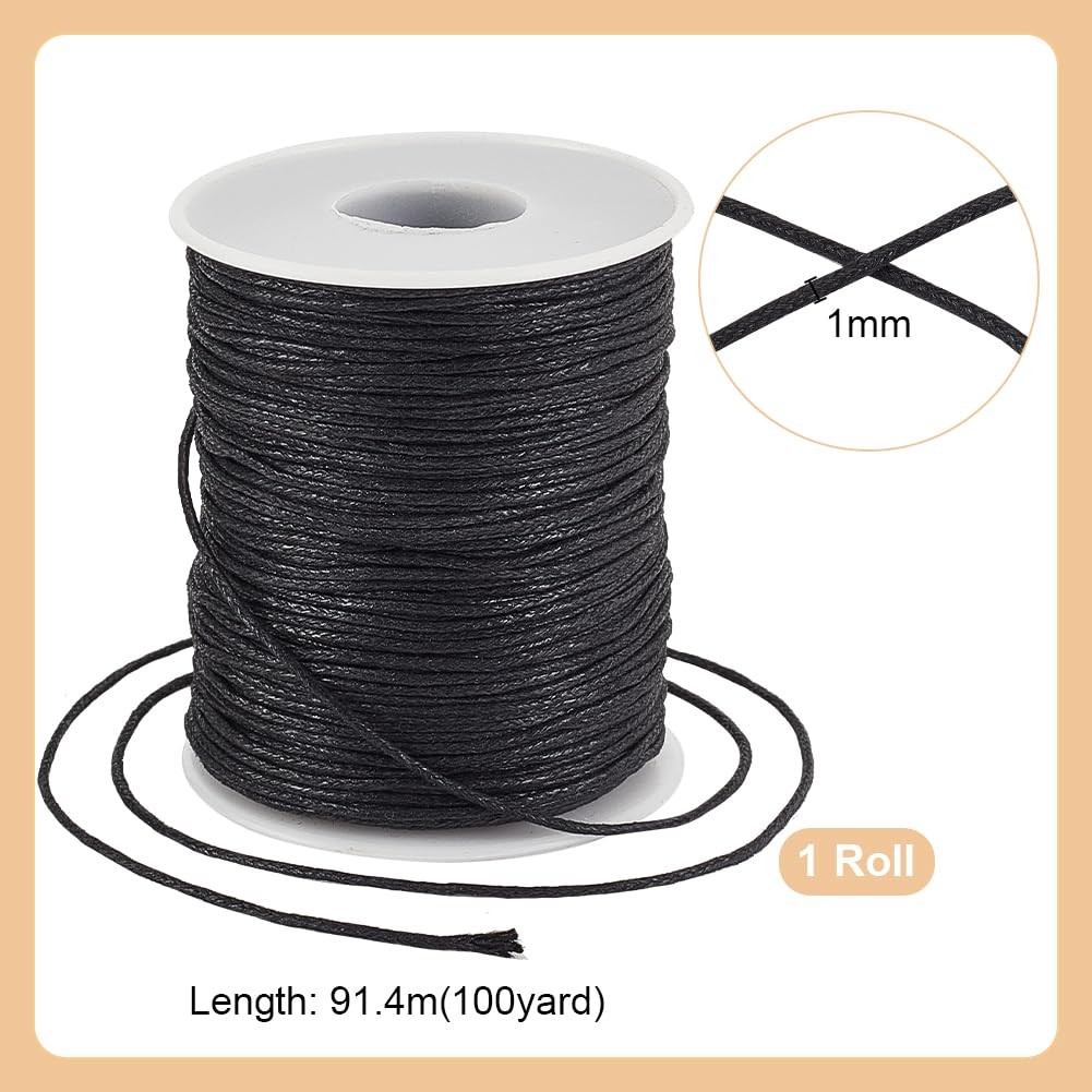 100 Yards 1mm Waxed Cotton Cord, Black Waxed String Beading Thread Roll Spool…