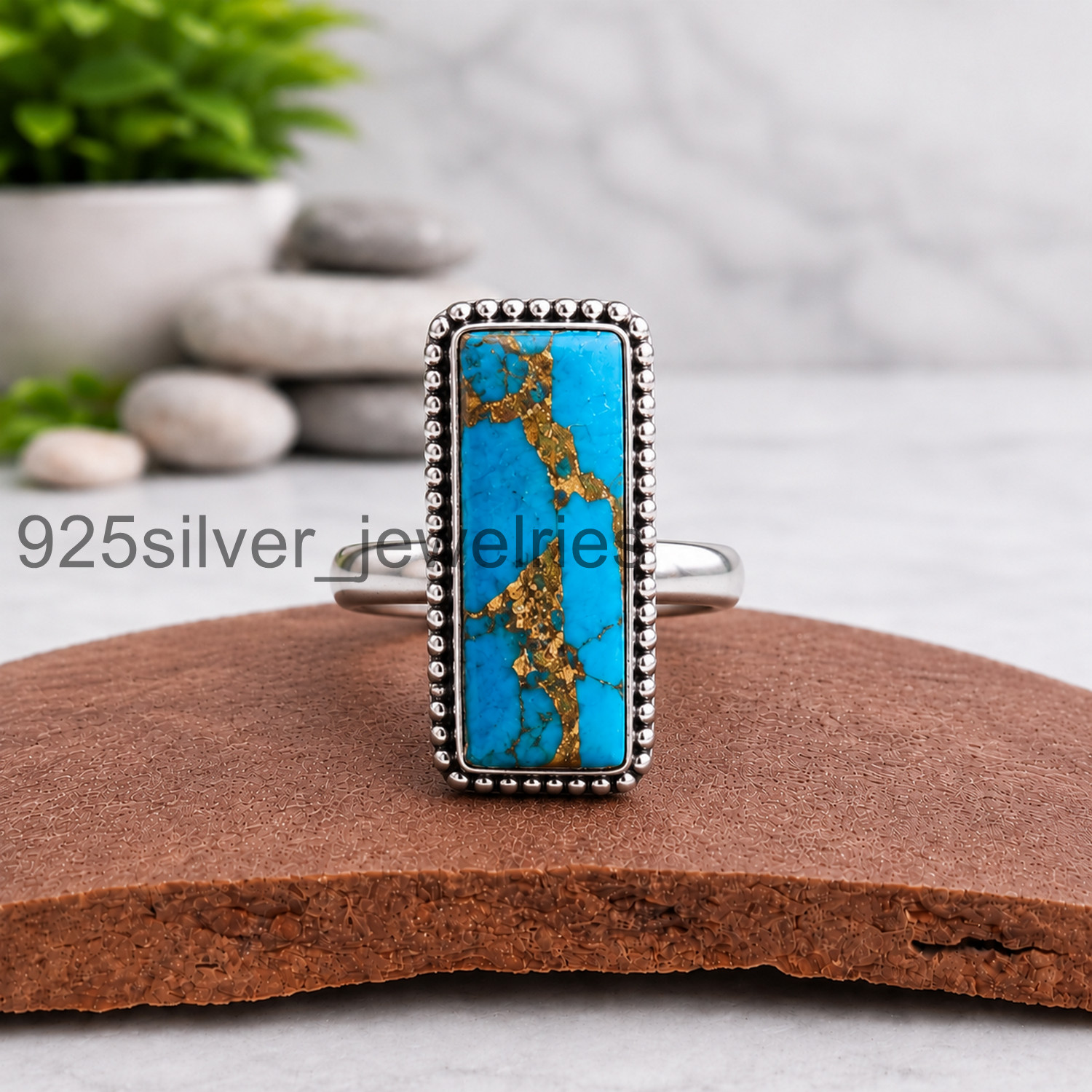 Blue Copper Statement Ring For Woman, 925 Silver Handmade Rectangle Ring MK#005