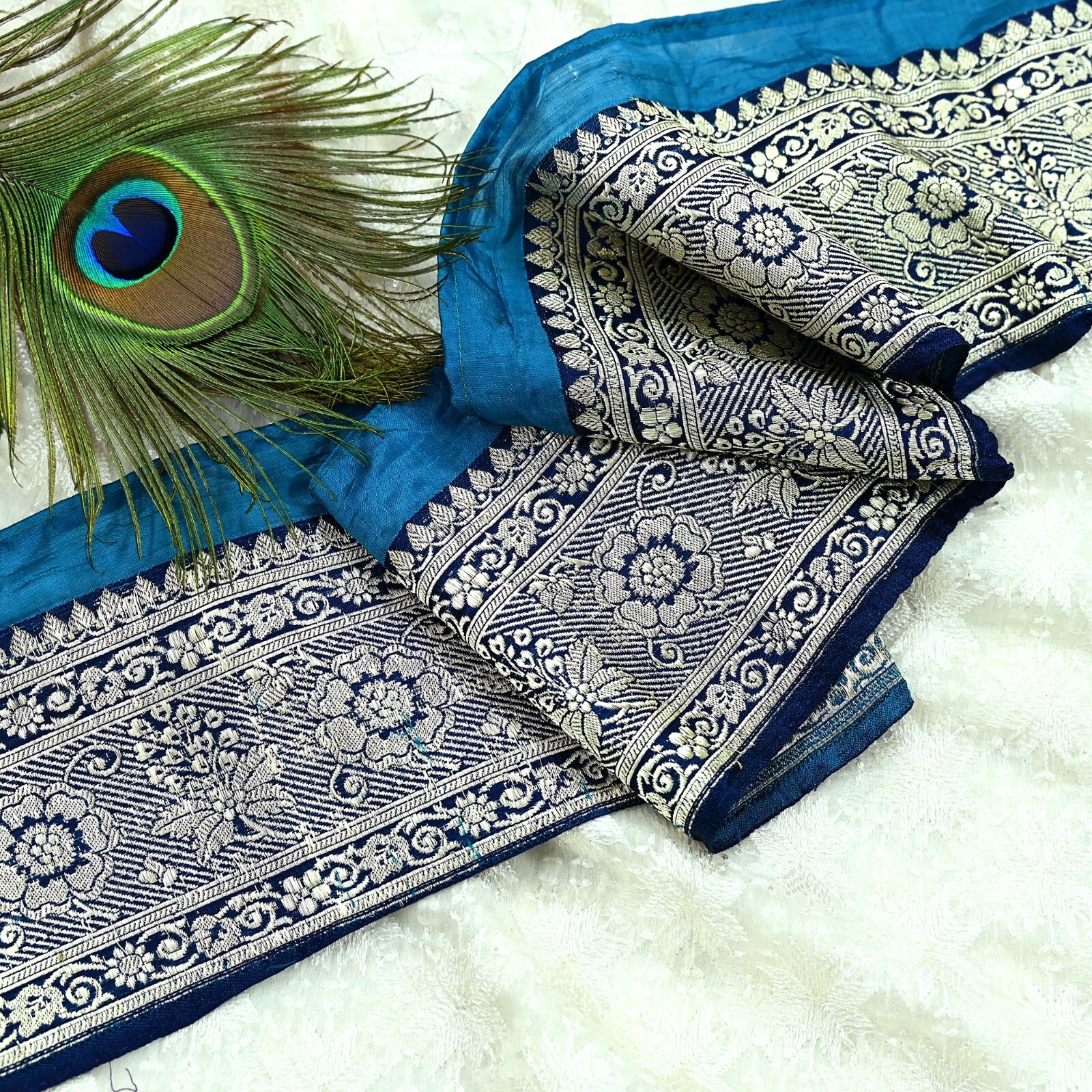 Indian Vintage Blue Sari Border Woven Banarasi 1yd Trim Craft Sewing Recycled
