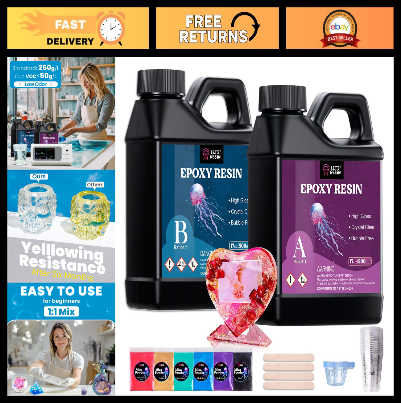 2-Part Epoxy Resin & Hardener 34oz – Bubble Free, Crystal Clear, Low Odor, Anti-