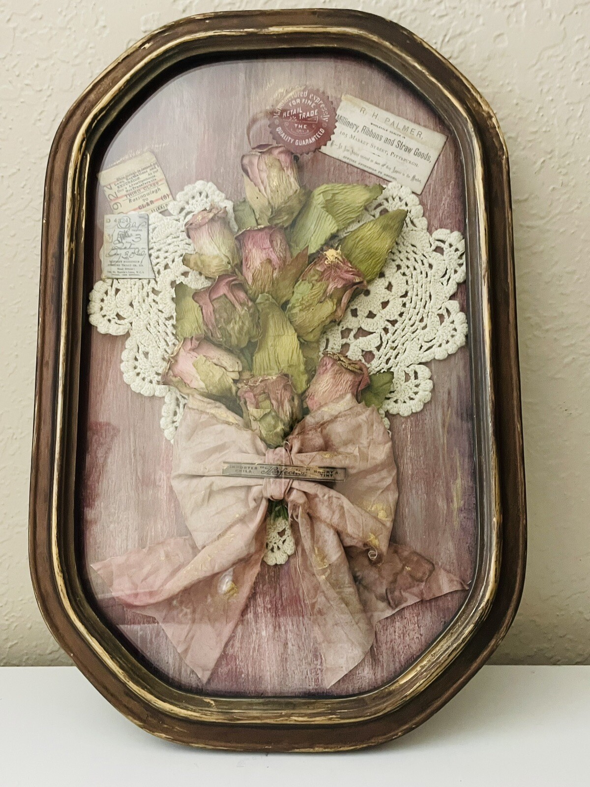 Old World Antique Curb Glass Antique Frame Faux Rose Bouquet Handmade CL