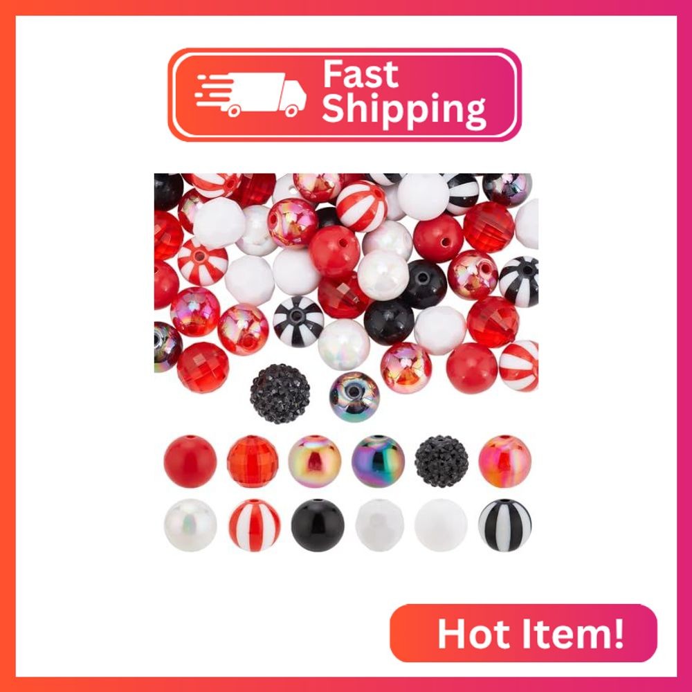 PH PandaHall 112pcs 16mm Acrylic Bubblegum Beads – Red, Black Round Loose Beads