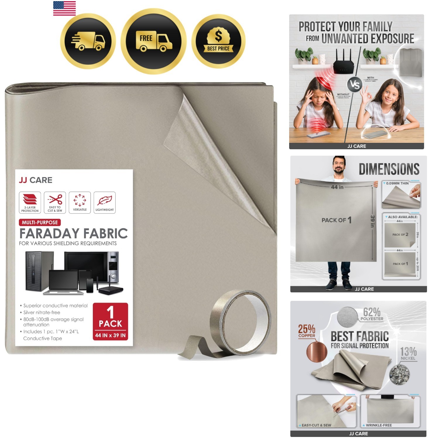 Faraday Fabric [Pack of 1, 44″ x 39″ Faraday Cloth + 1″ x 24″ Long Faraday Ta…