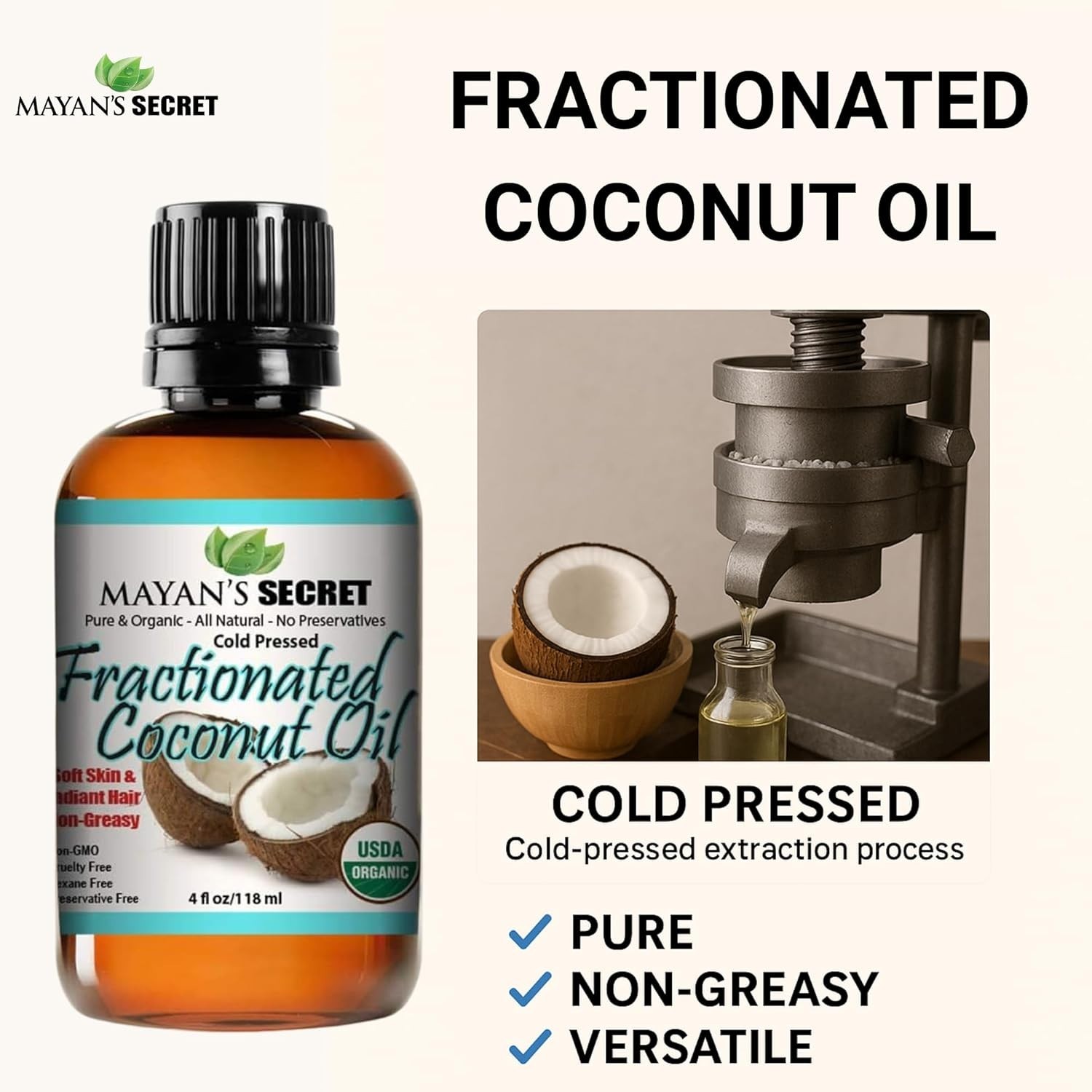USDA CERTIFED ORGANIC FRACTIONATED COCONUT OIL COLD PRESSED 100% NATURAL