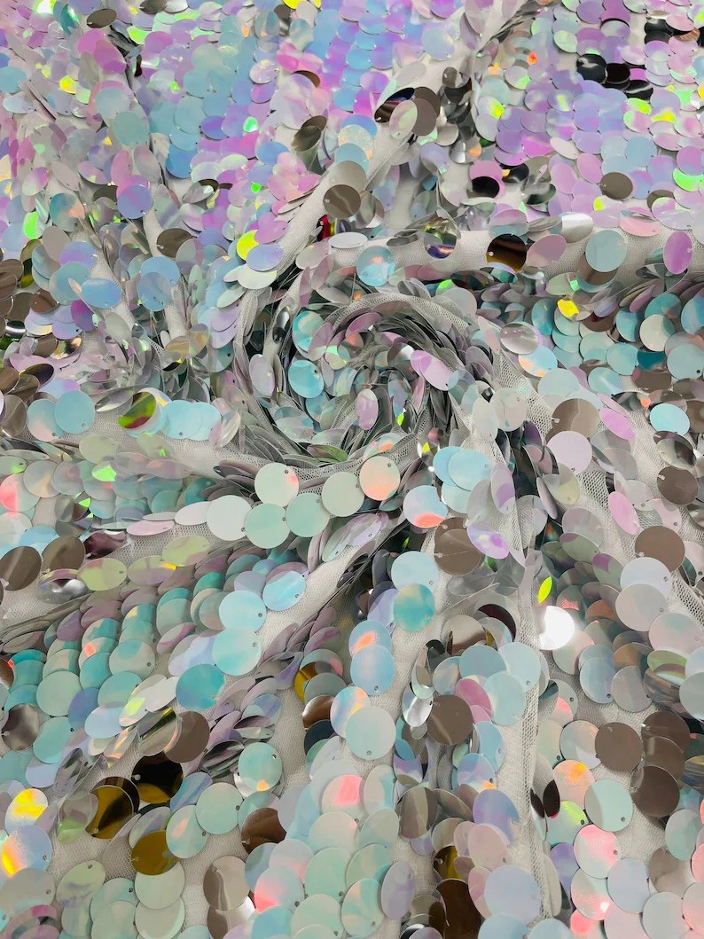 Silver Aqua-Pink Iridescent Sequin Fabric on Mesh Petal Bridal Dress Gown