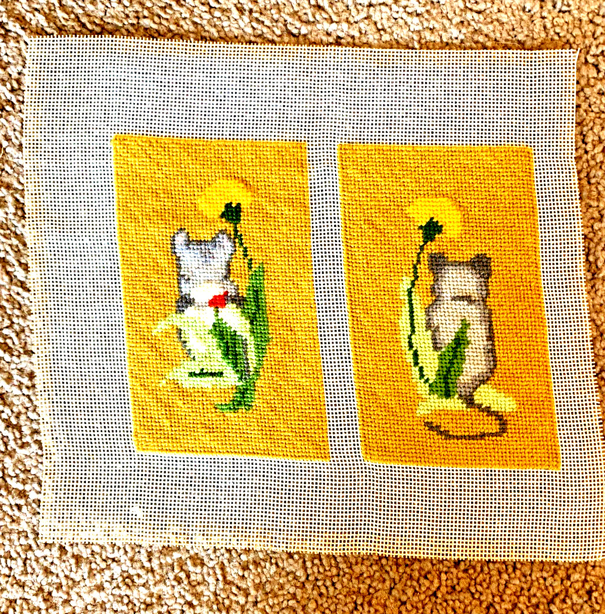 Vintage Completed Needlepoint Finished Tapestry 2 Cats & Dandelions 7X4″