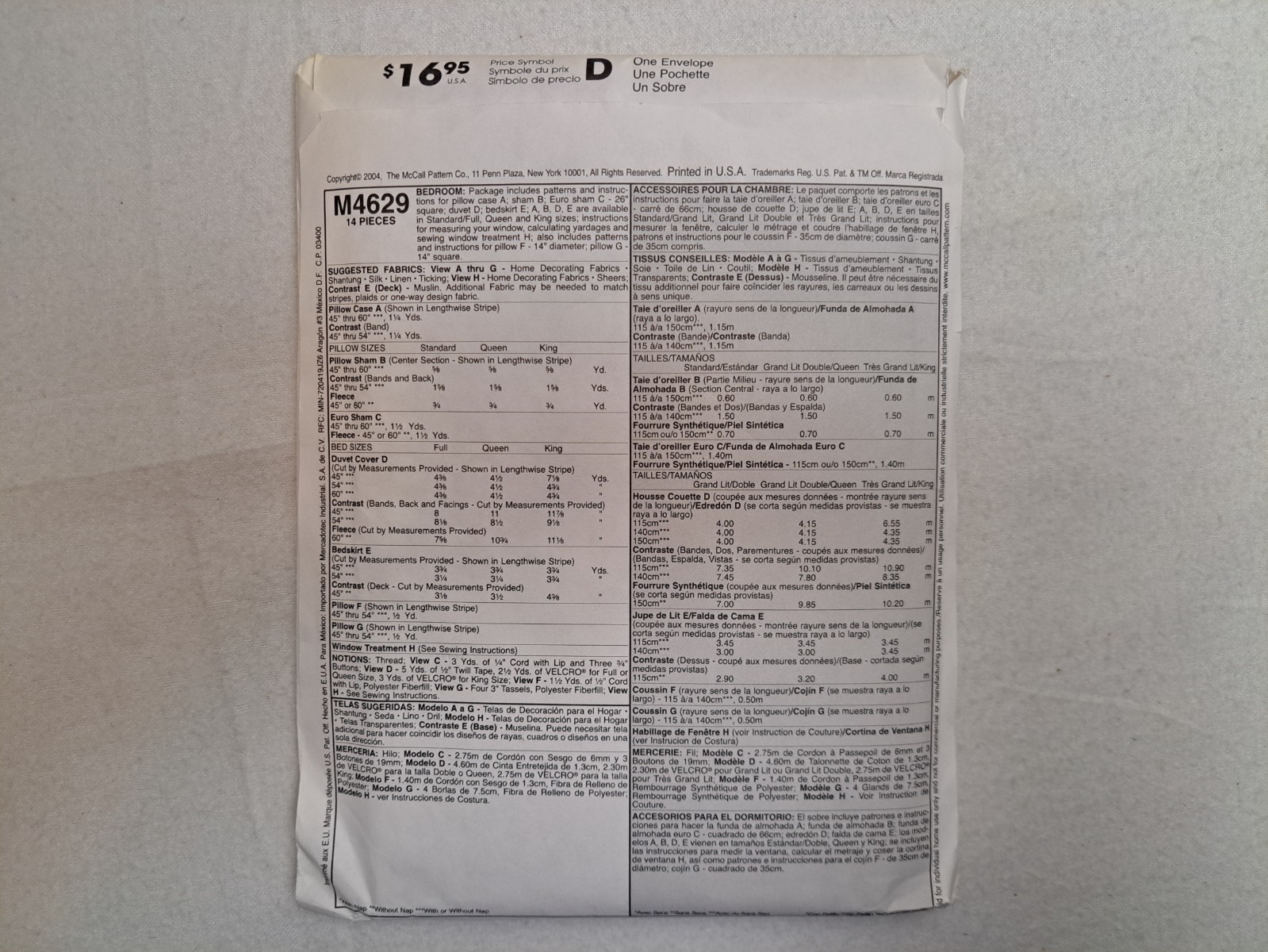 McCall’s Pattern – Bedroom Decor (All Sizes) #M4629 – Uncut