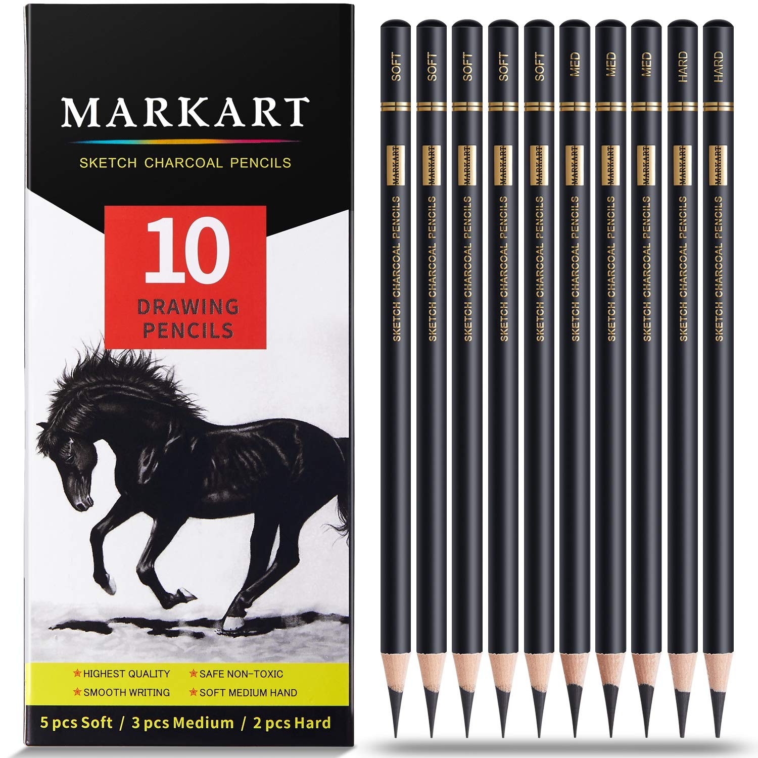 MARKART Professional Charcoal Pencils Drawing Set 10 Pieces Soft Medium and …