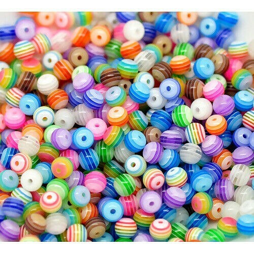 100 Assorted Rainbow Mixed Striped 6mm Round Resin Craft Spacer Beads