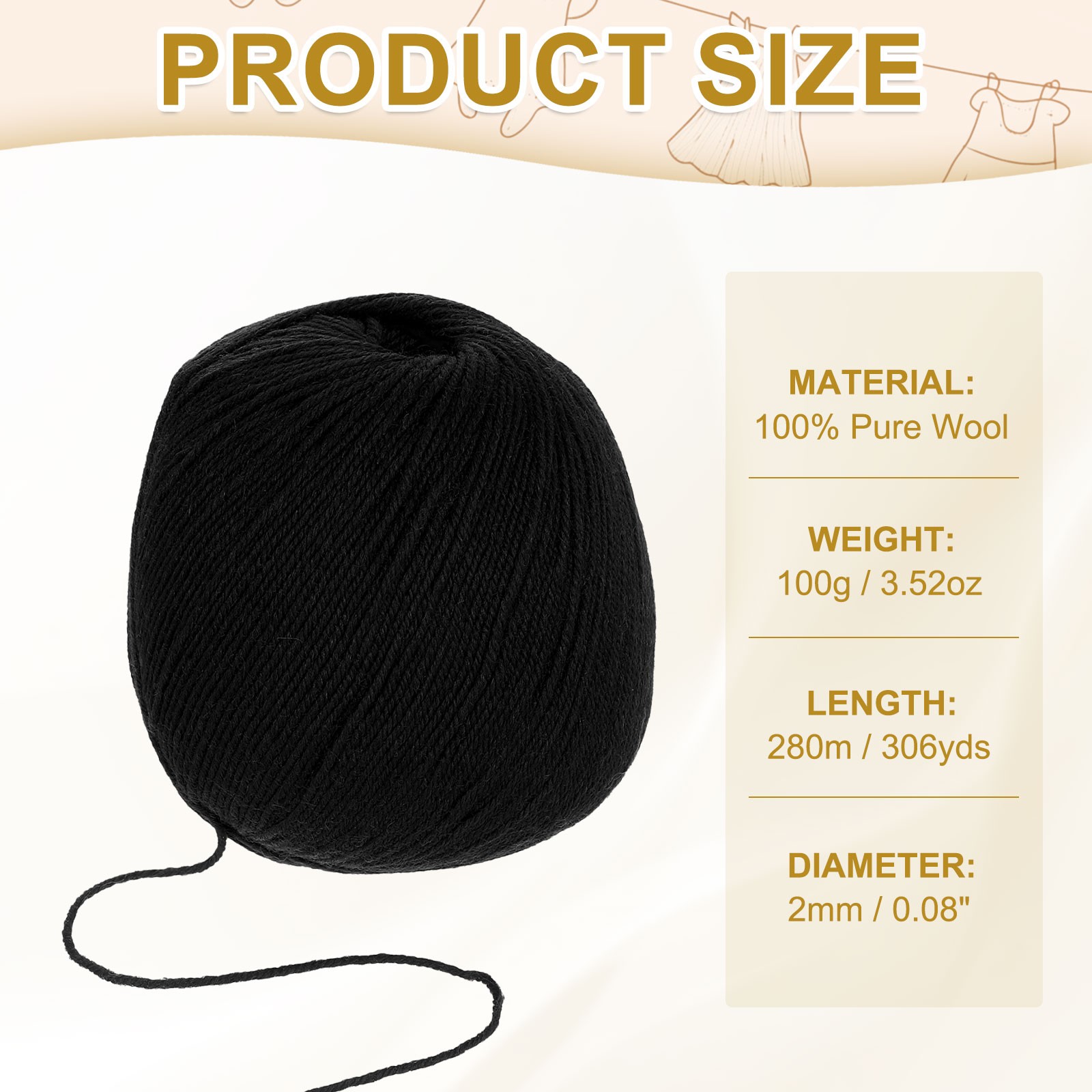 4-Ply 100% Wool Yarn 3.52 OZ, 306 Yds(Black, 1 Ball)