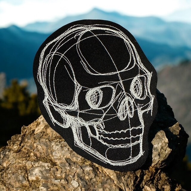 Sketch work Skull Embroidered Patch – Minimalist Skull Design on Black